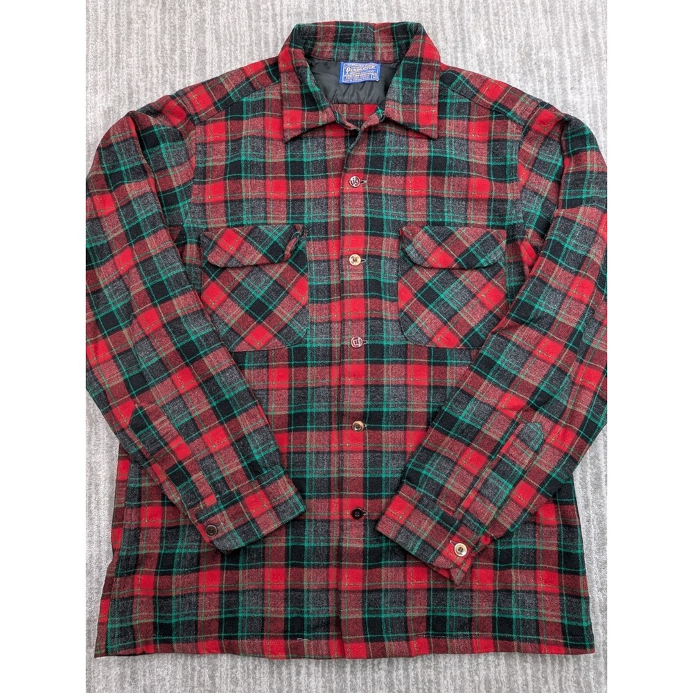 VTG 60s Pendleton Shirt Men Medium Hunting Tartan Plaid Wool Flannel Loop Collar